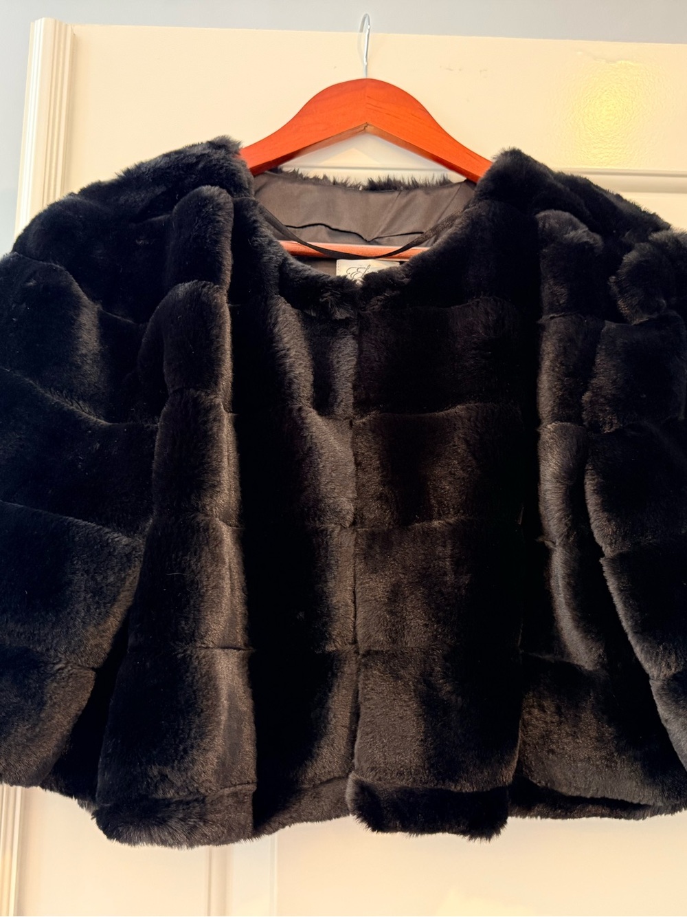 Eliza J Black Plush Faux-Fur Cropped Jacket